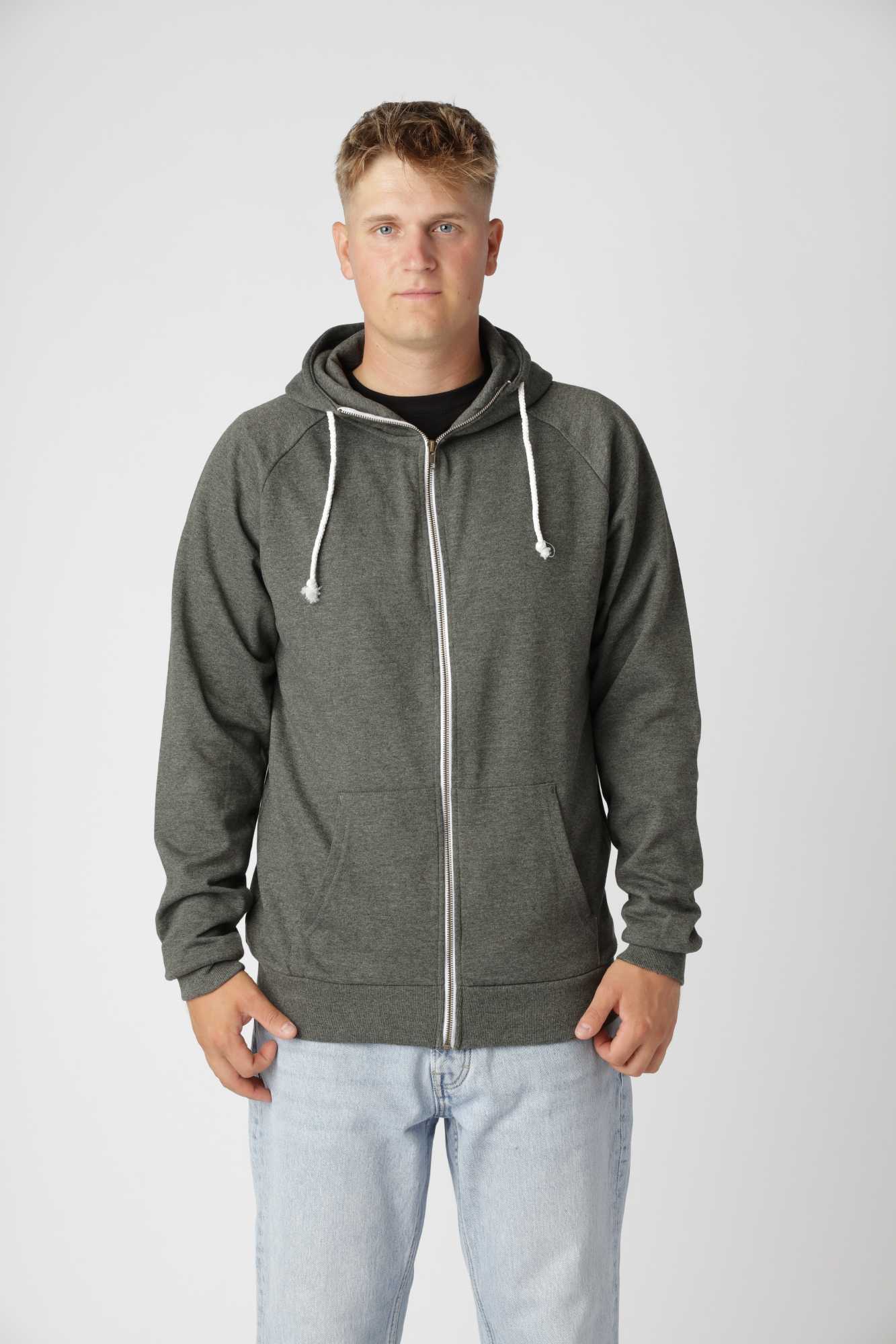 Basis Zip Hoodie i Meleret Grøn - Funktionel og Stilfuld