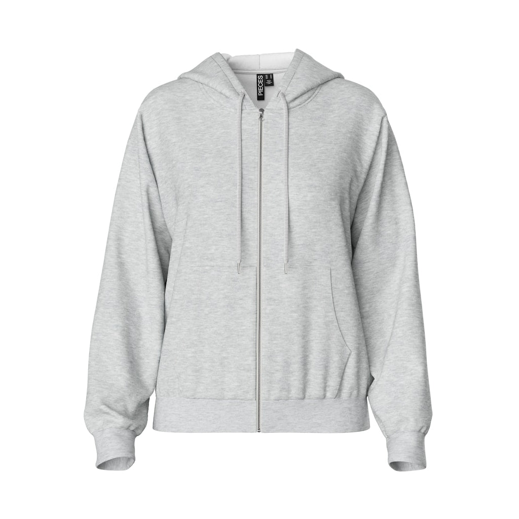 Lækker grå hoodie med lynlås og hætte fra Pieces