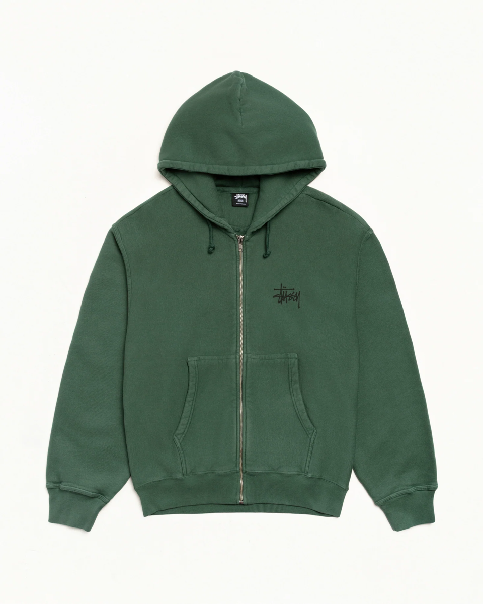 Stussy Basic Zip Hoodie i Pine Grøn – Minimalistisk Elegance